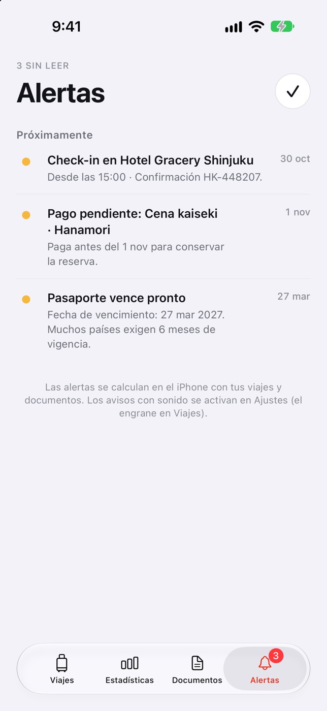 Alertas: check-in del hotel, pago pendiente y pasaporte por vencer
