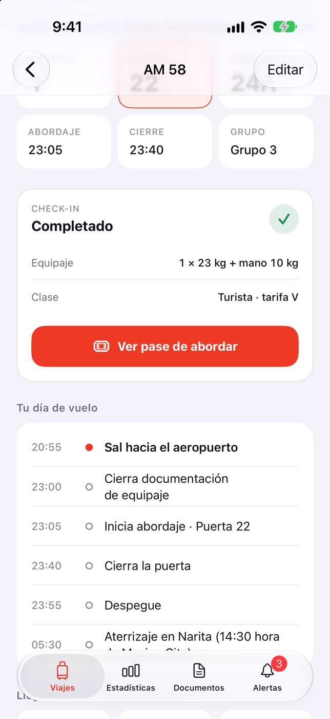Línea de tiempo del día de vuelo: salir al aeropuerto a las 20:55, abordaje 23:05, despegue 23:55