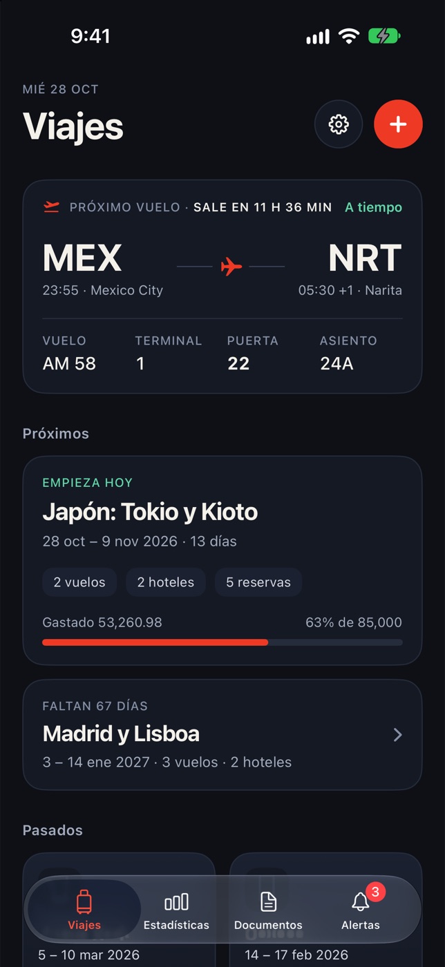 Pantalla de Viajes en modo oscuro